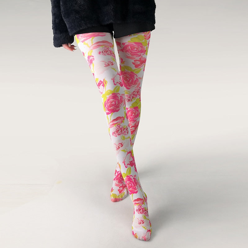Multiple Designe Print Tights - White - Pink Flow / One Size