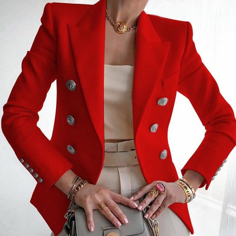 Elegant Gold Button Long Sleeve Blazer - Red / S