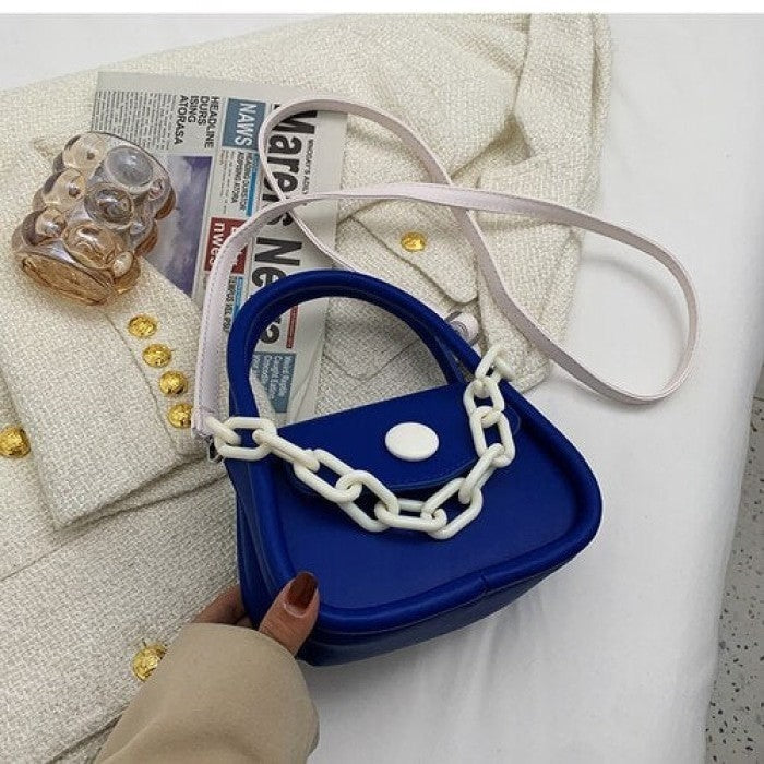 Button and Chain Contrast Color Cute Hand-bag - Blue /