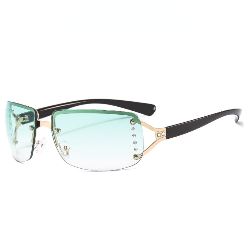 Rimless Rhinestone Sunglasses - Green / One Size
