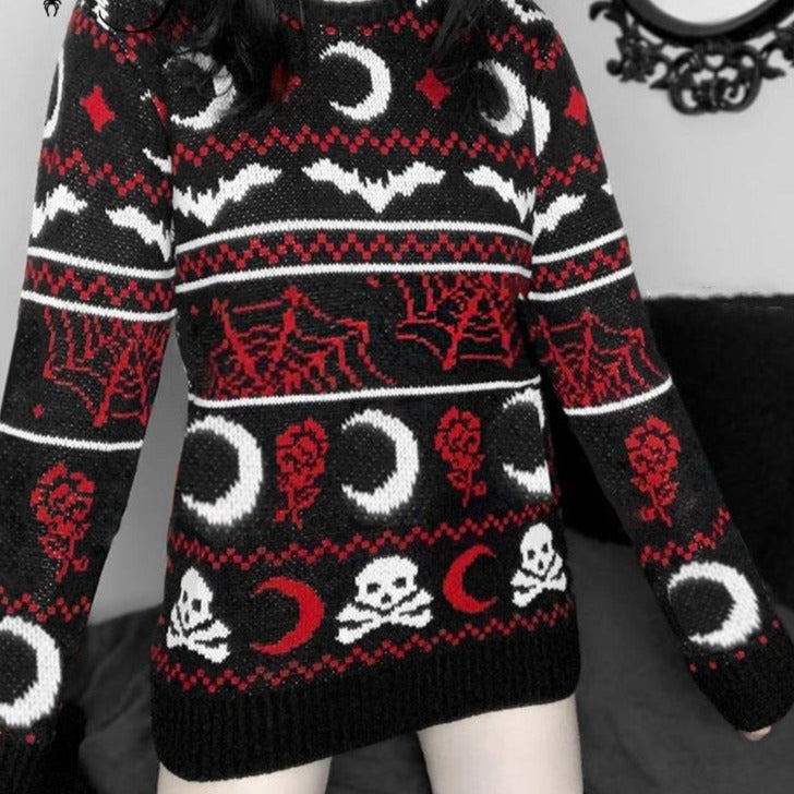 Bats Moons and Skulls Oversize Knitted Sweater - One Size /