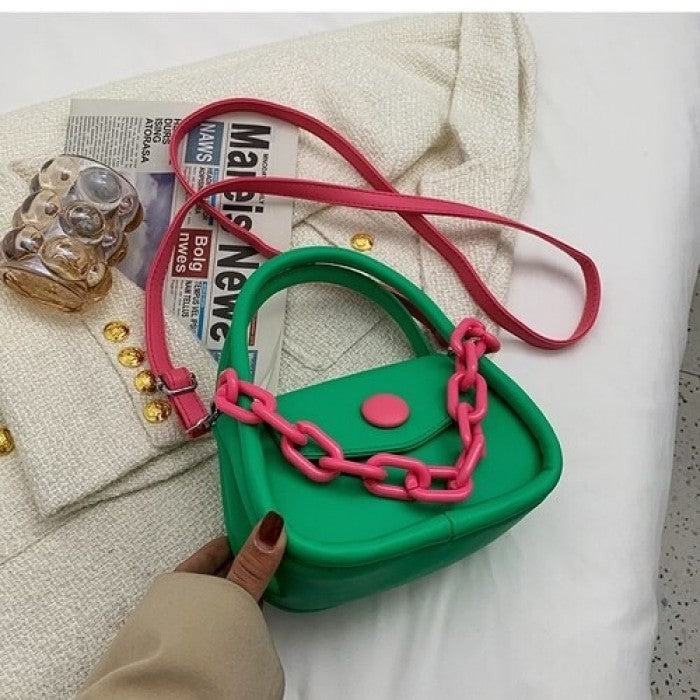 Button and Chain Contrast Color Cute Hand-bag - Green /