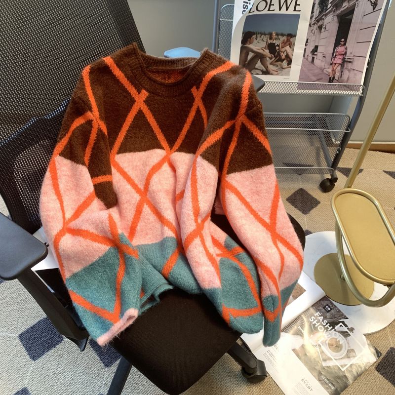 Striped Diamonds Knitted Sweater - Orange / M