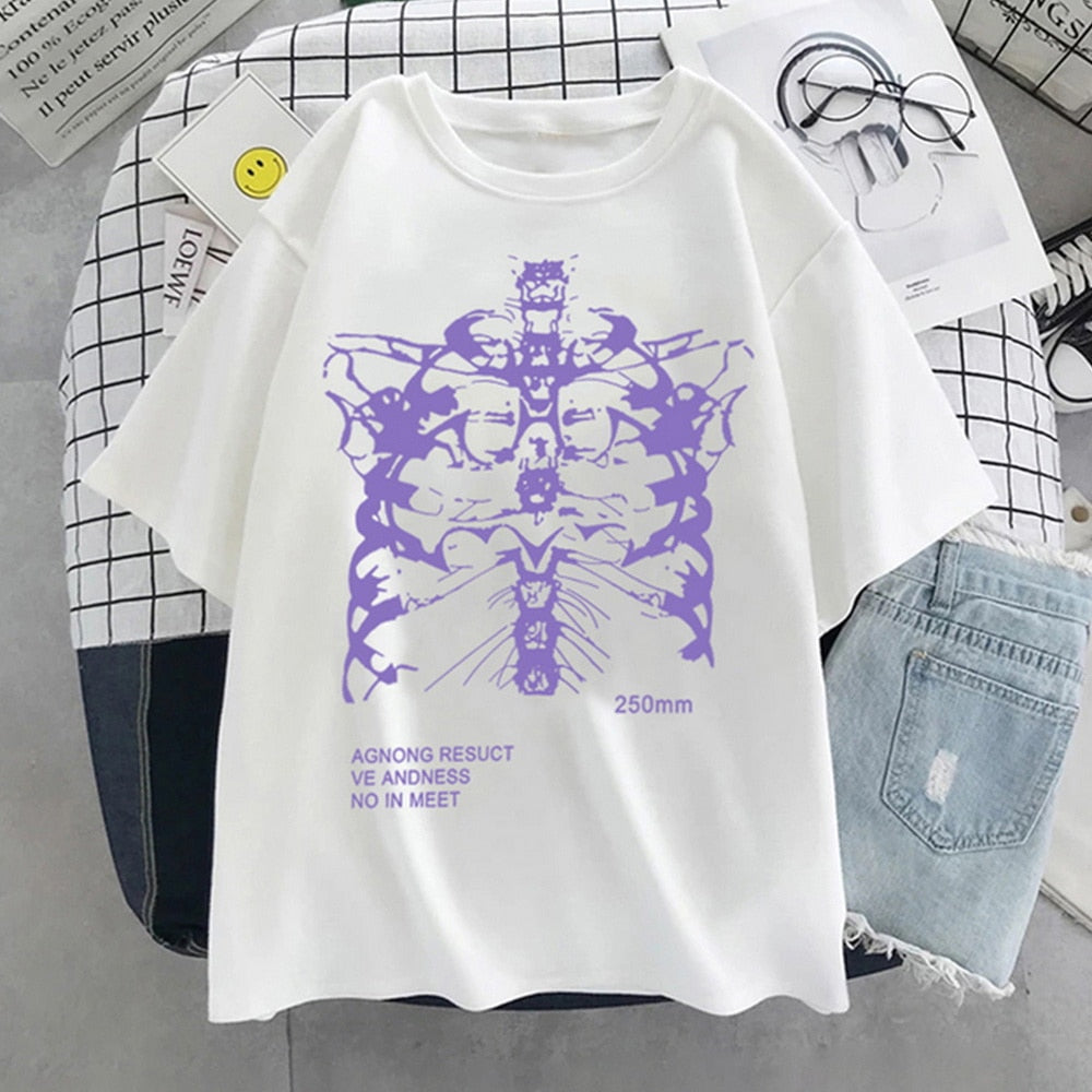 Skeleton Chest Grunge Aesthetic T-shirt - White Purple / XS