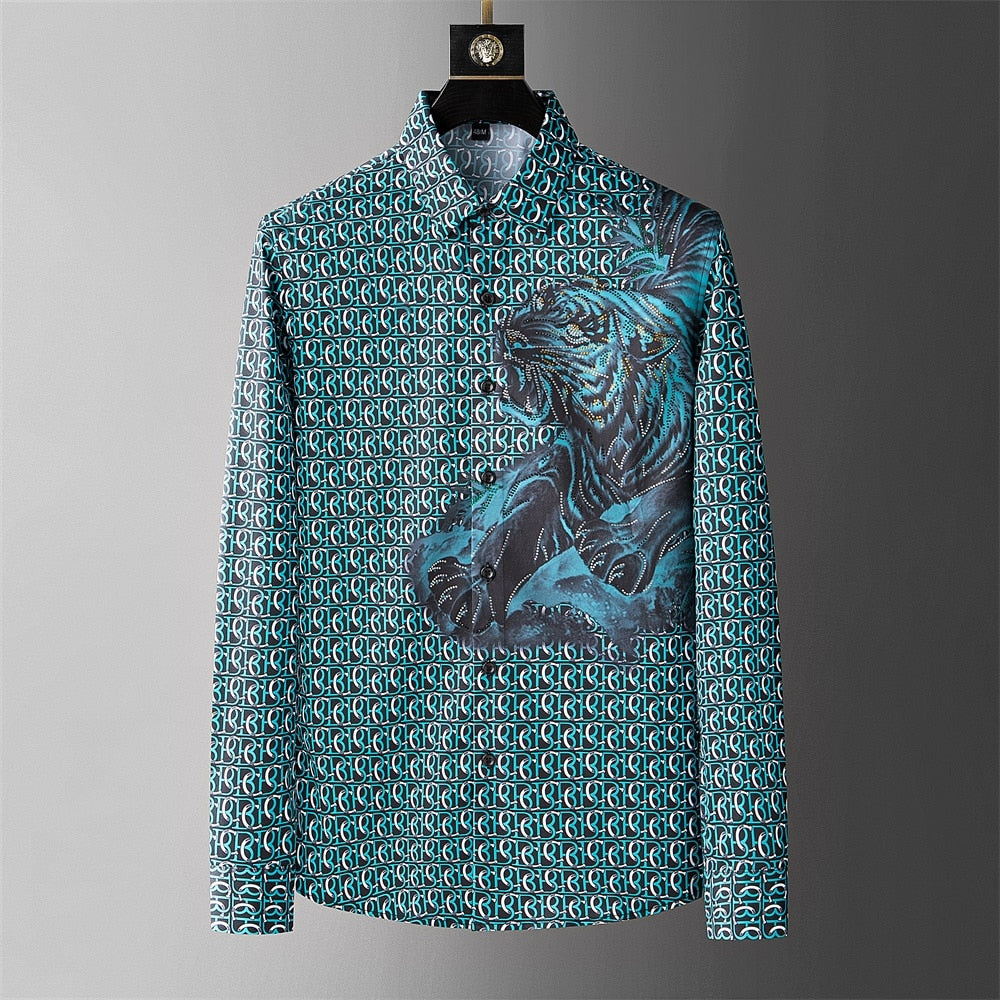 Luxury Tiger Print Long Sleeve Shirt - Blue / M - Shirts