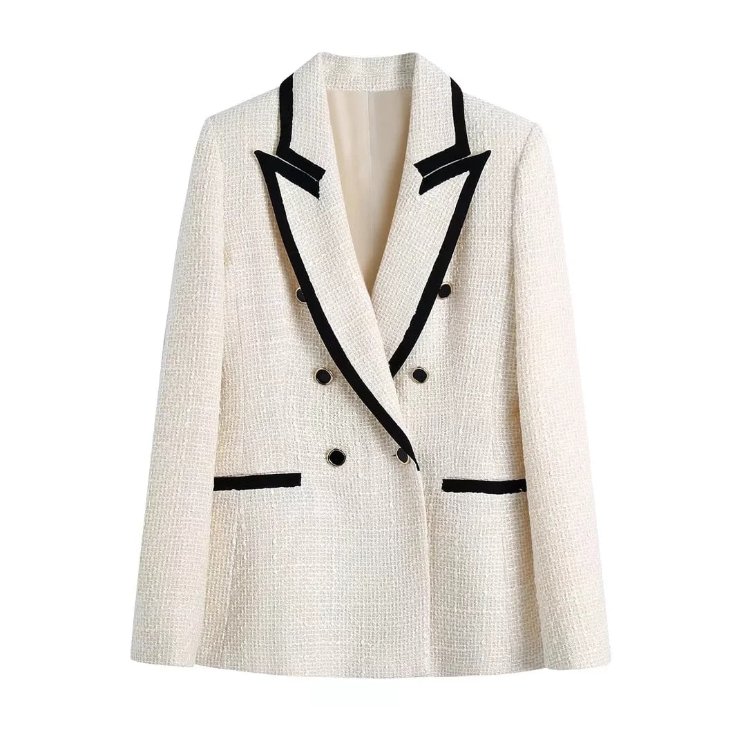 White Black Tweed Double Breasted Long Sleeve Blazer - XS