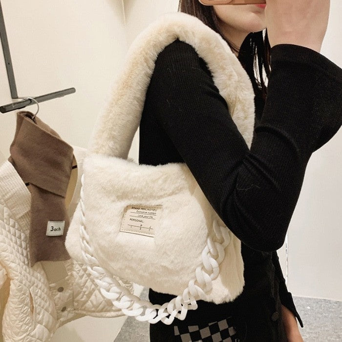 Faux fur Plush Chain Shoulder Handbag - Hand Bag