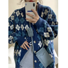 Pastel Checkered Pattern Long Sleeve Buton Up Knitted