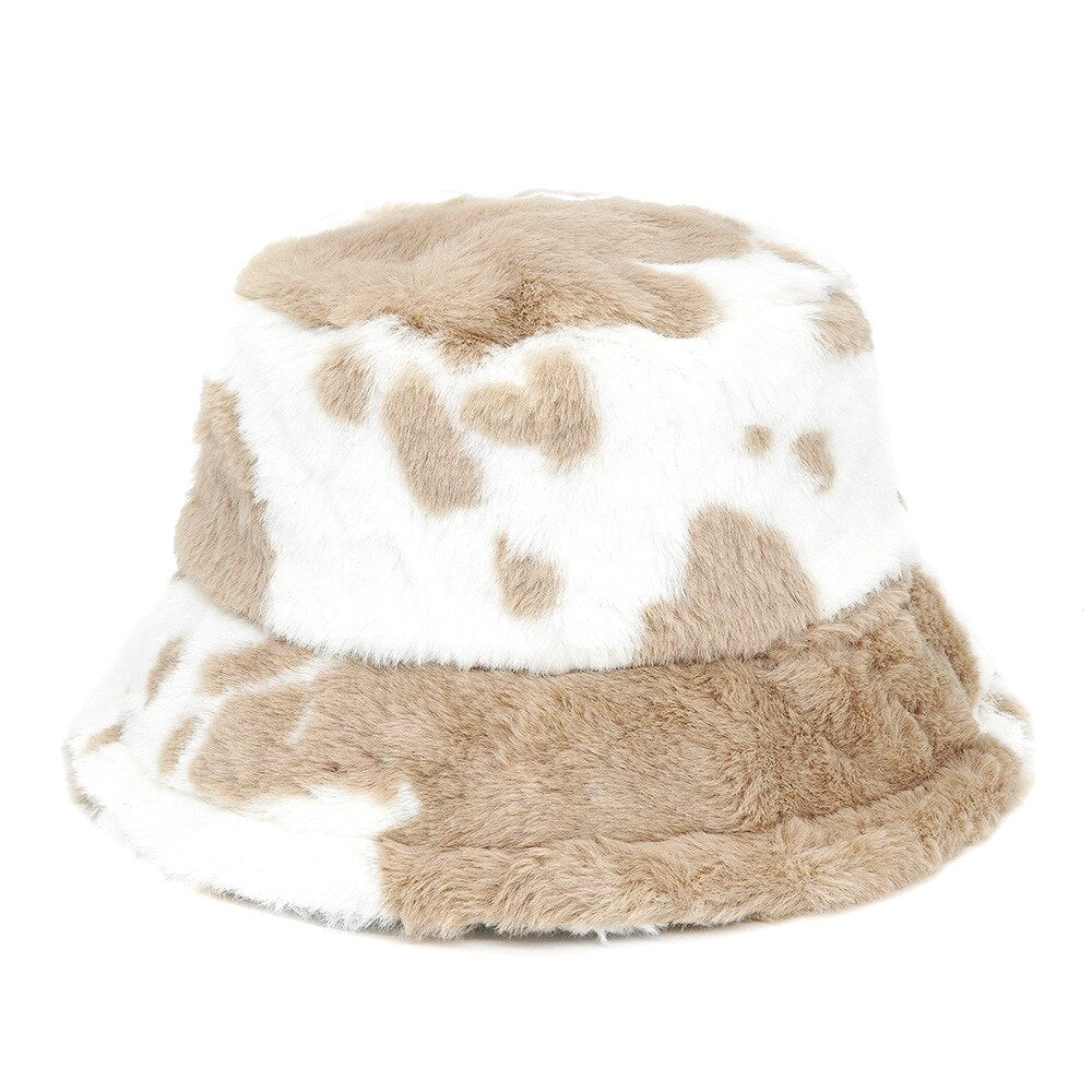 Colorful Faux Fur Bucket Hat - Ligth Brown-White / M 56-58cm