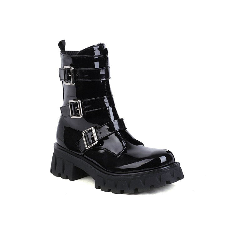 Buckle And Zipper Chunky Heel Boots - Gloss Black / 4