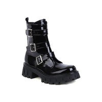 Thumbnail for Buckle And Zipper Chunky Heel Boots - Gloss Black / 4