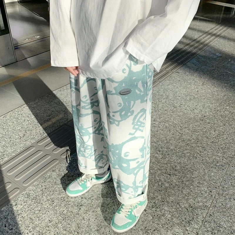 Wide Leg Korean Graffiti Denim Pant - Turquoise / S