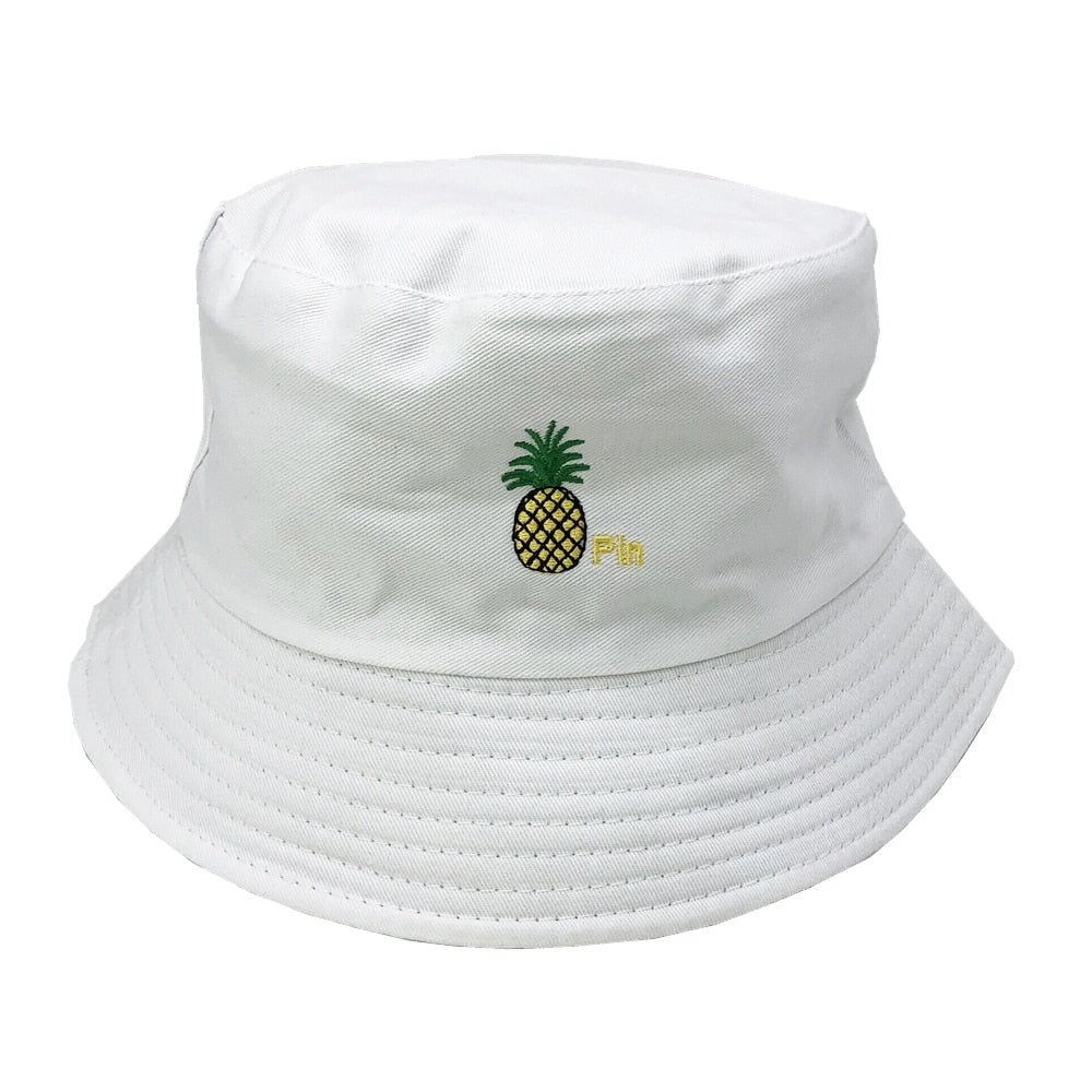 Funny Embroidered Foldable Bucket Hat - White/Pineapple /