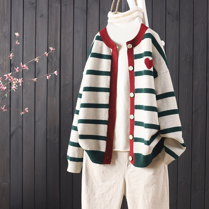 Heart and Stripes Round Neck Knitted Cardigan