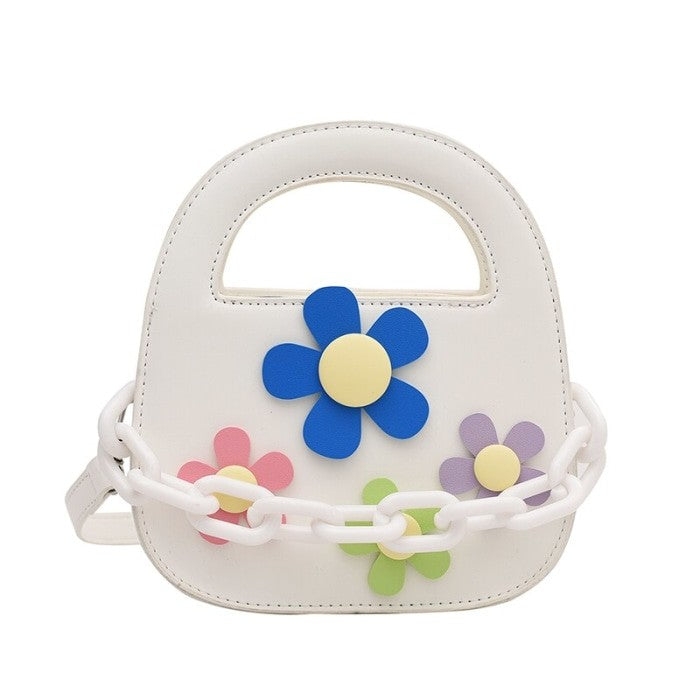 Round Handle With Chain Ornament Cute Bag - White Flower /