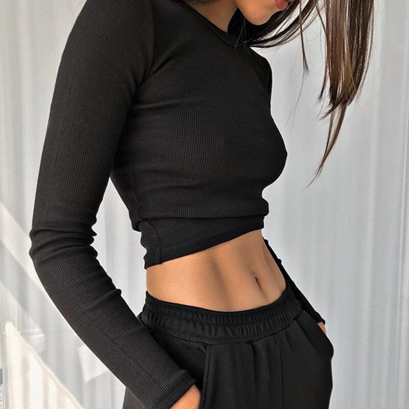 Basic Solid Long Sleeve Top - black / S