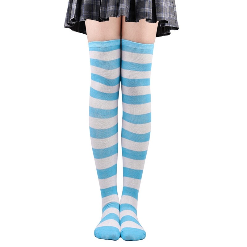 Colorful Rainbow Striped Long Socks - White-Ligth Blue / One