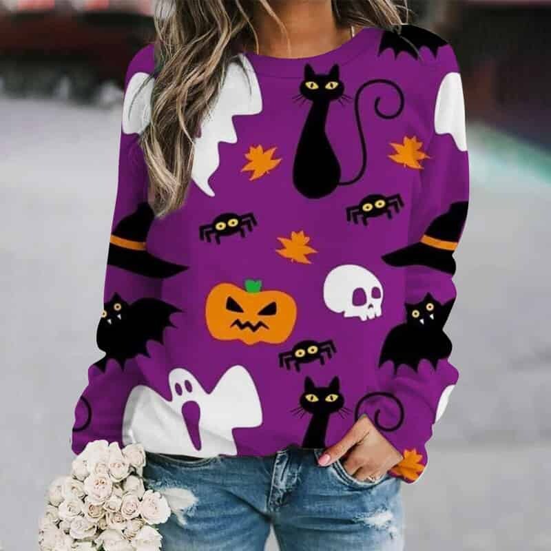 Halloween print round neck sweatshirt - Purple / S -