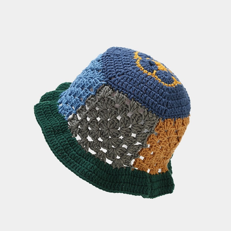 Handmade Crochet Striped Knitted Fisherman Bucket Hat - Blue