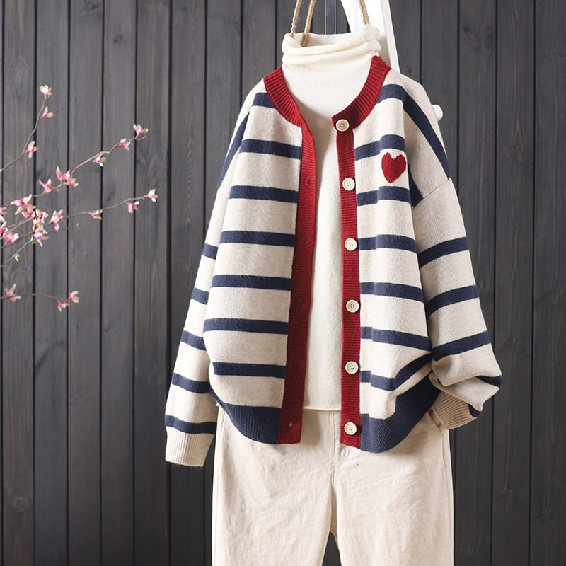Heart and Stripes Round Neck Knitted Cardigan - Navy Blue /