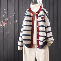 Thumbnail for Heart and Stripes Round Neck Knitted Cardigan - Navy Blue /