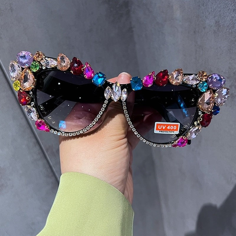 Cat Eye Embellished Crystal Sunglasses - Fucsia / One Size