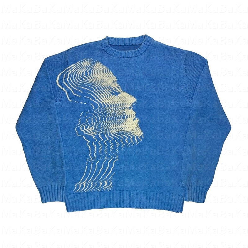 Women Print Loose O-neck Knit Sweater - Blue / M