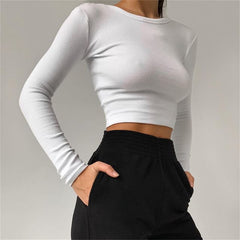 Basic Solid Long Sleeve Top - white / S