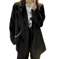 Thumbnail for Solid Color Chain Embellished Loose Blazer - Long-Blackn / S