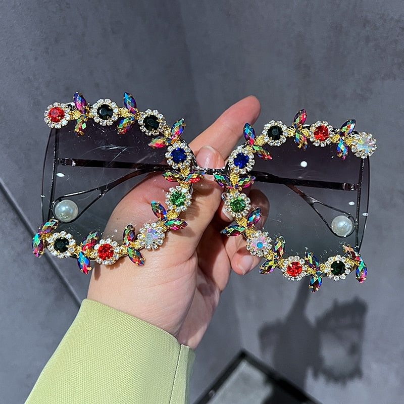 Half Frame Square Sunglasses Embellished with Flowers