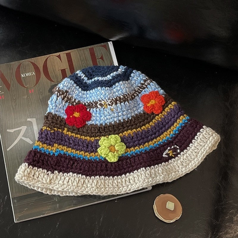 Flowers Knitted handmade Bucket Hat - One Size / Multicolor