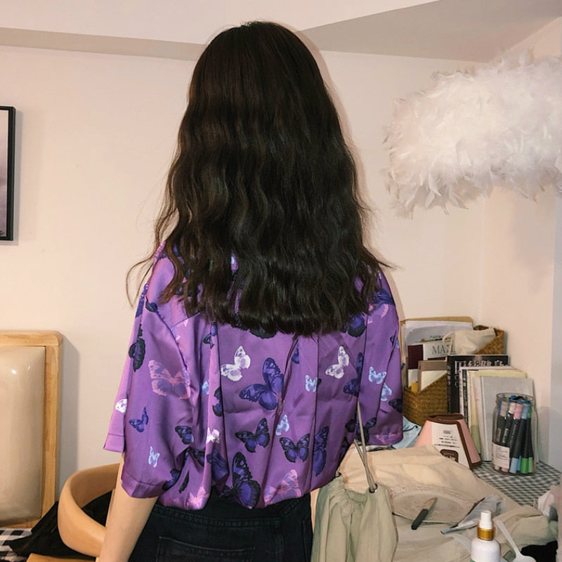 Purple Butterfly Vintage Short Sleeve Shirt