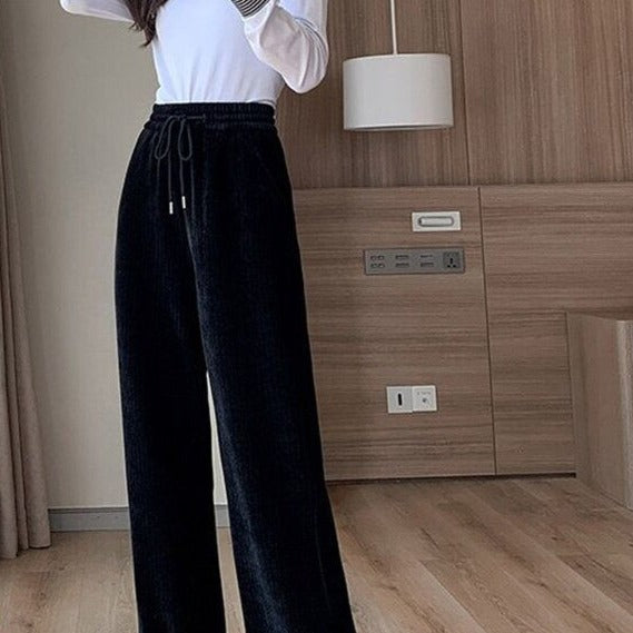 Solid Color Corduroy And Velvet Warm High Waist Pants -