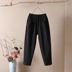 High Waist Elastic Ankle Length Baggy Harem Pants - Black /