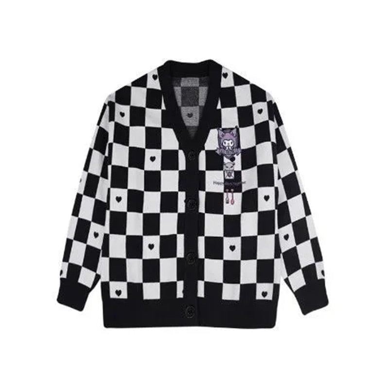 Checkered With Kawaii Embroidery Cardigan - Black / S -