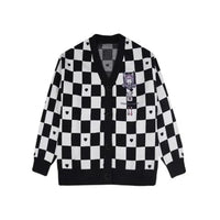 Thumbnail for Checkered With Kawaii Embroidery Cardigan - Black / S -