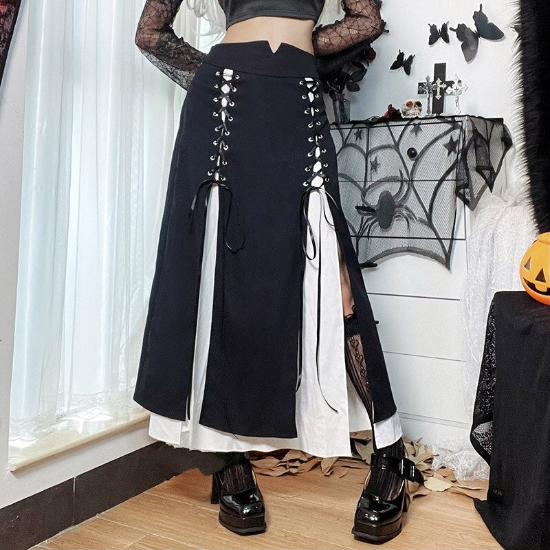 Black Gothic Punk Slit Skirts - Black-Laces / S