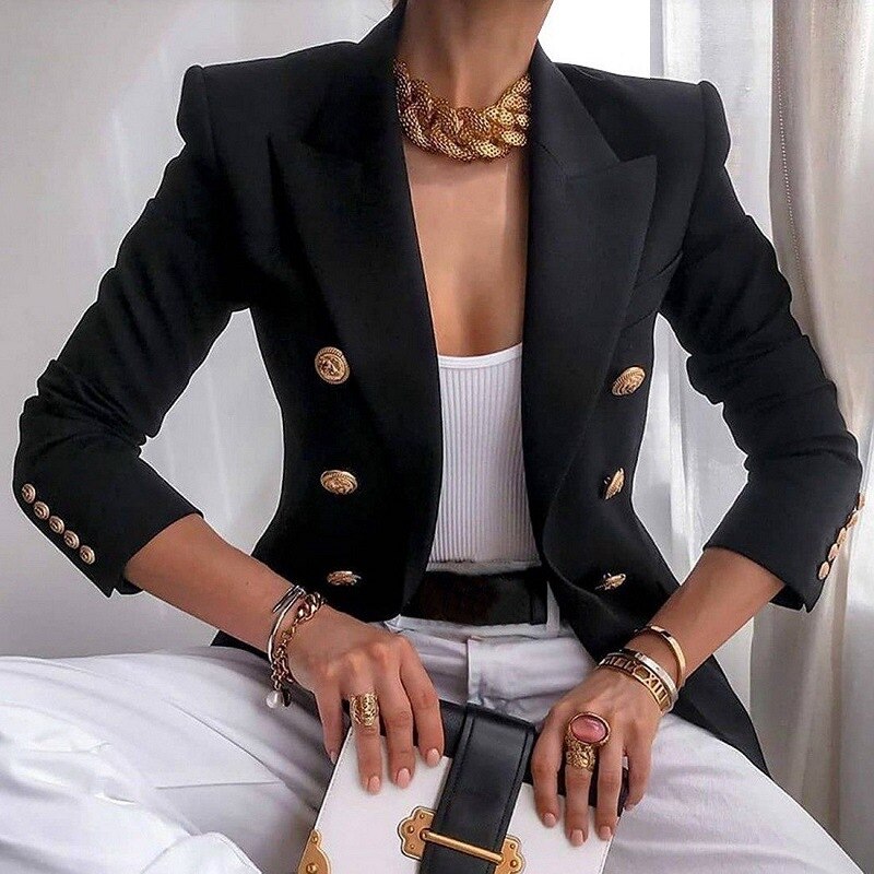 Elegant Gold Button Long Sleeve Blazer - Black / S