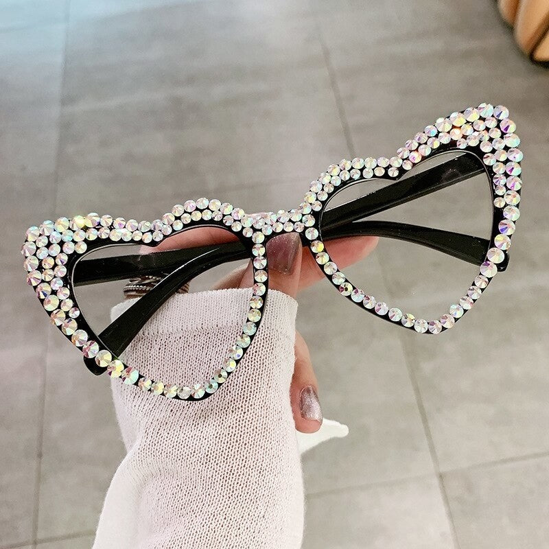 Heart Frame Imitation Pearl Diamond Design Glasses - Black