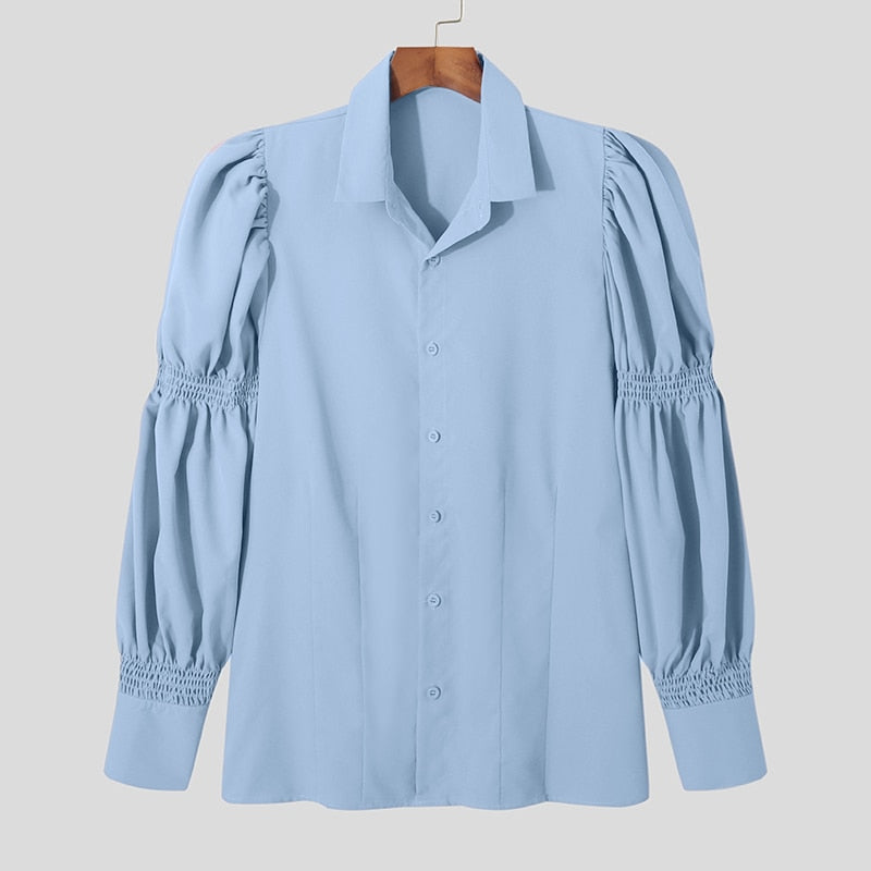 Fashion Lapel Long Puff Sleeve Shirt - Blue / S