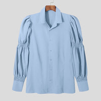 Thumbnail for Fashion Lapel Long Puff Sleeve Shirt - Blue / S