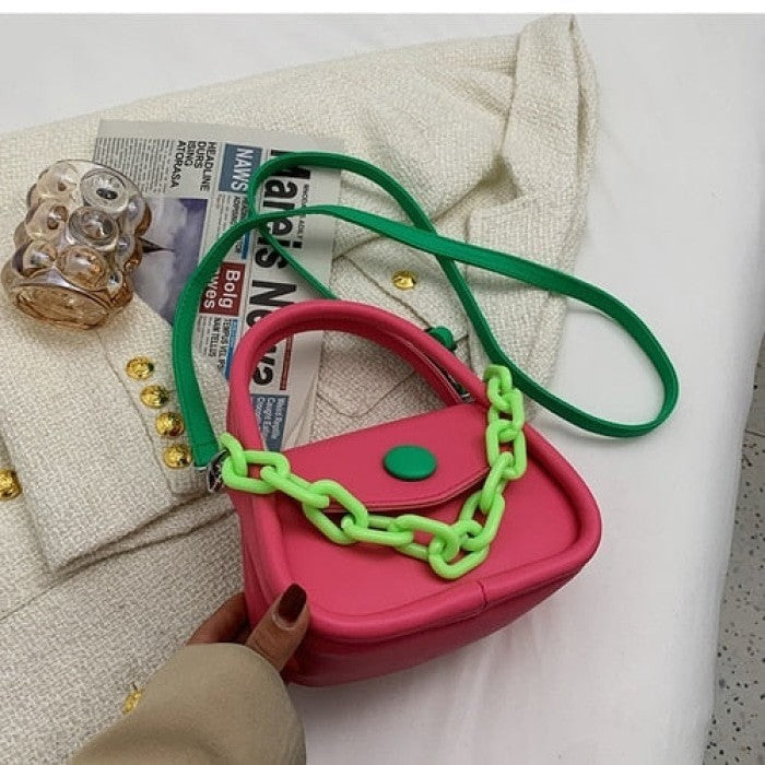 Button and Chain Contrast Color Cute Hand-bag - Pink /