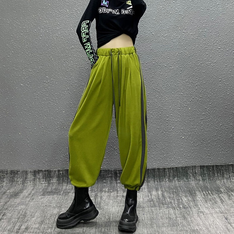 Harajuku High Waist Side Stripe Loose Harem Pants - Green /