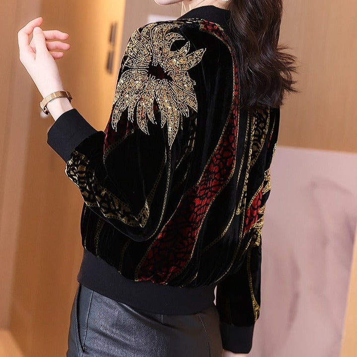Fashion Velvet Sequins Zipper Long Sleeve Jacket