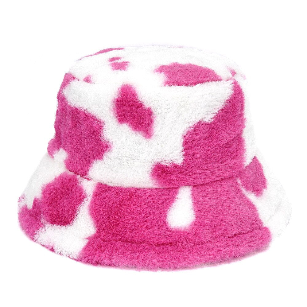Colorful Faux Fur Bucket Hat - Fuchsia-White / M 56-58cm
