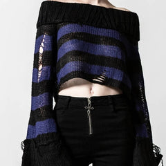Gothic One Shoulder Stripe Short Sweater - Blue / Size
