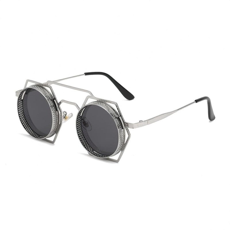 Round Sunglasses With Polygonal Base - Silver-Black / One