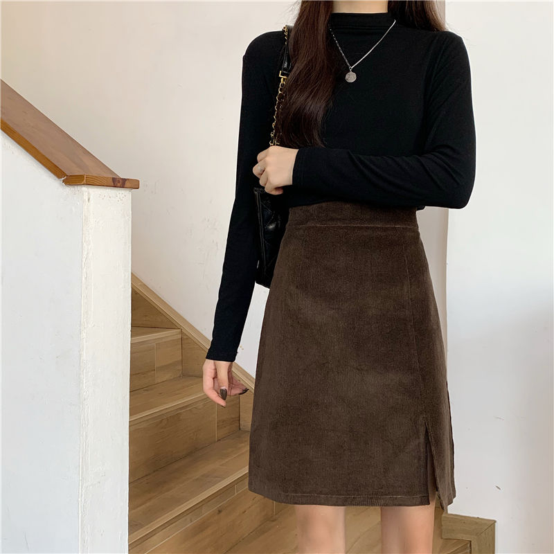 Solid Color Corduroy High Waist Skirt - Brown / S