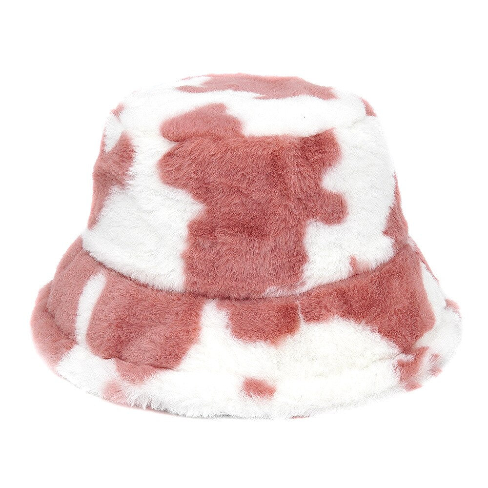 Colorful Faux Fur Bucket Hat - Brown-White / M 56-58cm