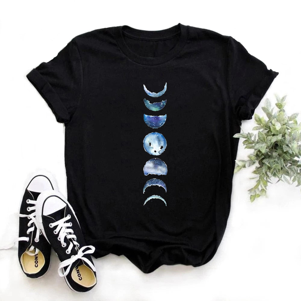 Moon Phase Planet Print T Shirt - Blue / S - T-Shirt